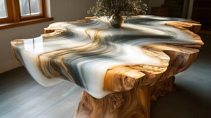 Handcrafted wooden table with epoxy resin designed to look like marble, featuring flowing white and gray swirls with subtle gold accents, the resin blending seamlessly with the wood texture,