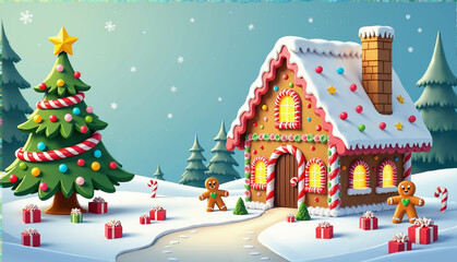 Obraz premium Whimsical gingerbread house with candy decorations and a Christmas tree, set in a snowy winter wonderland. Perfect for festive, holiday, and Christmas-themed projects. 