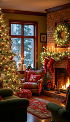 Cozy living room decorated for Christmas with a tree, stockings on the fireplace, and candles glowing warmly. Festive atmosphere perfect for holiday celebrations and seasonal joy.
