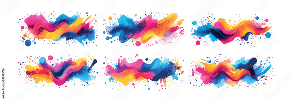 Poster abstract surge ripple colored splatter brush strokes cartoon vector set. flow wave tide blobs splash