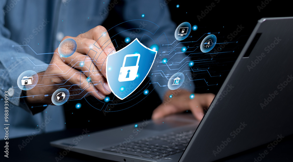 Poster businesspeople safeguard personal data with encryption technology, global network security, cybersec