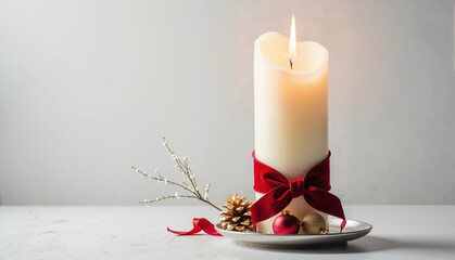 Ivory candle adorned with a deep red velvet ribbon, placed on a marble surface. Minimalist holiday decor perfect for elegant celebrations, gift presentations, or romantic atmospheres.
