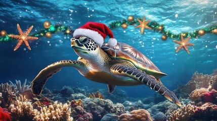 Christmas Sea Turtle with Santa Hat Swimming Underwater