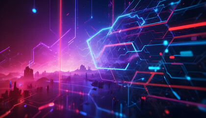 Fototapeta premium A futuristic cityscape with glowing neon hexagonal shapes and lines, set against a vibrant purple and blue sky with shooting stars or meteors