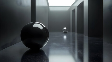 Minimalist Black and Silver Spheres in a Geometric Corridor