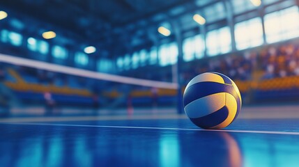 Volleyball resting on an indoor court with stadium lights in the background, ready for a match or practice