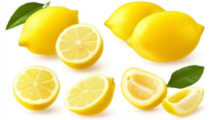 Fototapeta premium Fresh yellow lemons, whole and sliced, showcasing vibrant color and juicy texture, perfect for culinary or beverage use.
