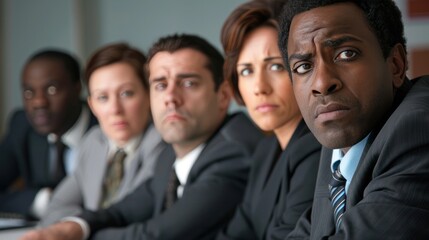 Fototapeta premium Group of business professionals in a serious corporate meeting, making high-stakes decisions, detailed facial expressions