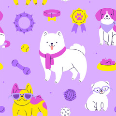 Cute dog and accessories pattern. Seamless bright vector print. Cartoon pattern with funny puppies.