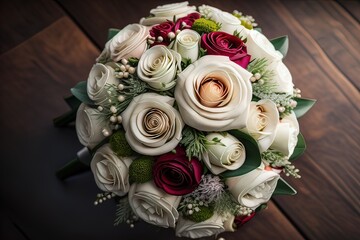 Beautiful bridal bouquet of different flowers on a dark background. ai generative