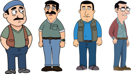 Four cartoon men with distinct outfits