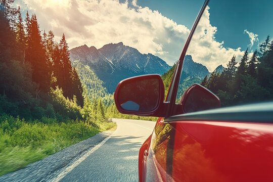 Driving through a scenic mountain road, view from a red car window reflecting nature and trees - Powered by Adobe