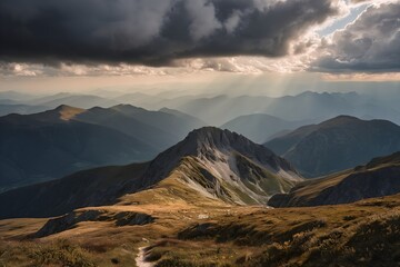 Obraz premium Mountain range in the distance with dramatic clouds overhead, captured during a late afternoon hike