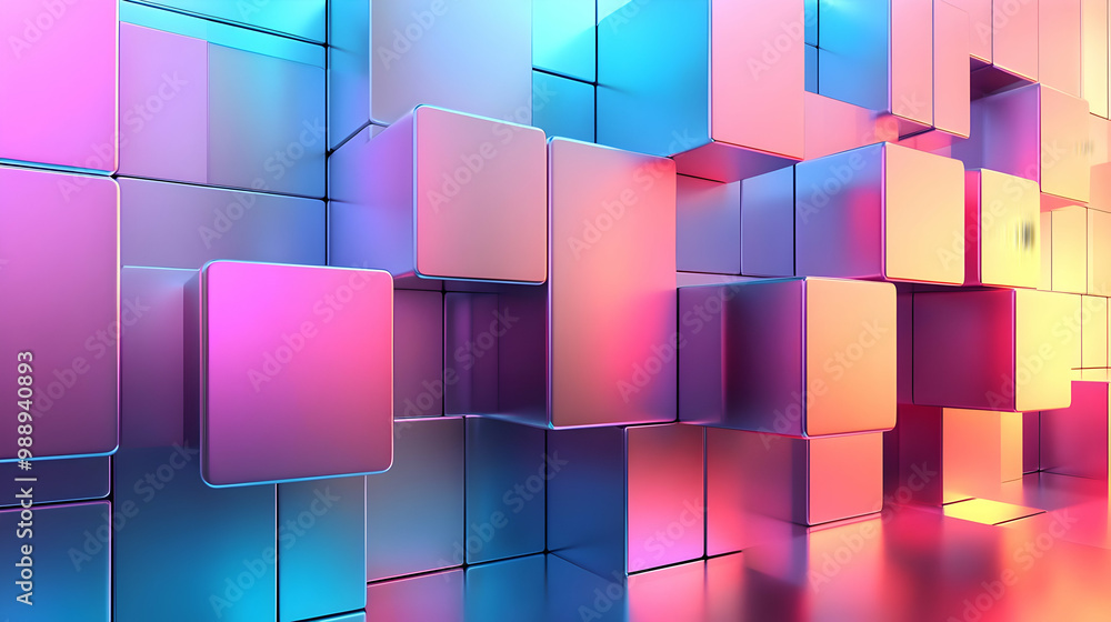 Poster metallic cubes in a colorful gradient: abstract 3d rendering