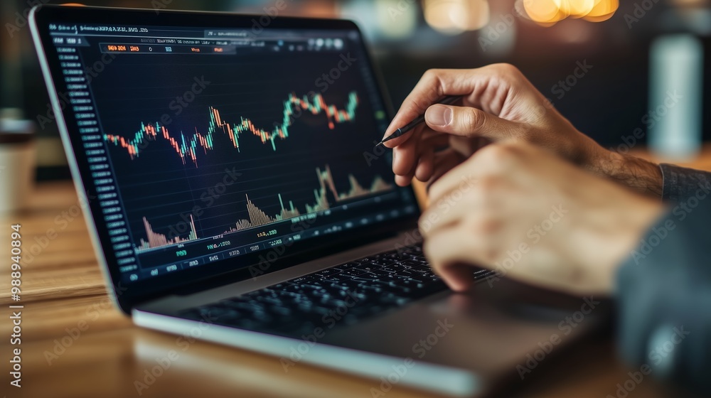 Aufkleber analyzing stock market trends on a laptop during evening hours in a modern workspace with digital ch