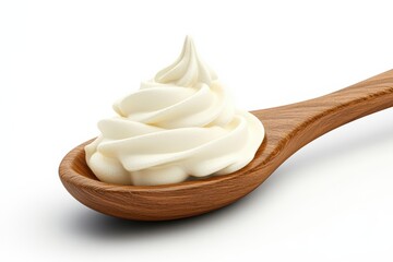 Creamy mayonnaise dollop on wooden spoon, white isolate background.