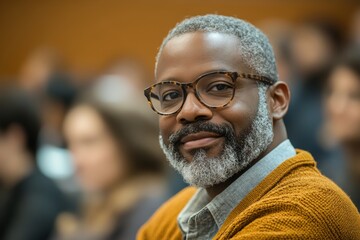 Fototapeta premium Mature black man attending educational seminar in lecture hall and looking at camera, Generative AI