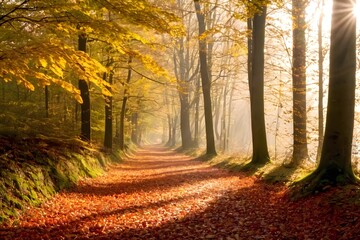 Obraz premium Peaceful forest trail covered in fallen autumn leaves, with soft sunlight filtering through the trees