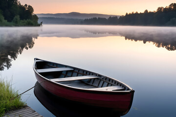 Fototapeta premium A serene lakeside view at dawn, with mist rising from the water and a small rowboat tied to a dock