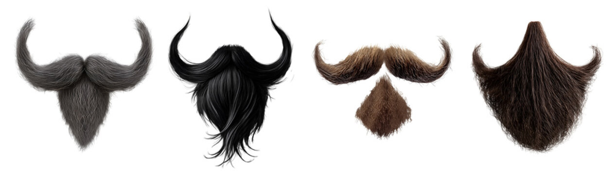 Collection Set of mustache moustache with beard goatee on transparent cutout PNG file. Many different style. Mockup template for artwork design

