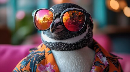 antarctic fashionista cool penguin sporting trendy sunglasses and colorful hawaiian shirt playful twist on wildlife photography humorous character perfect for summerthemed designs
