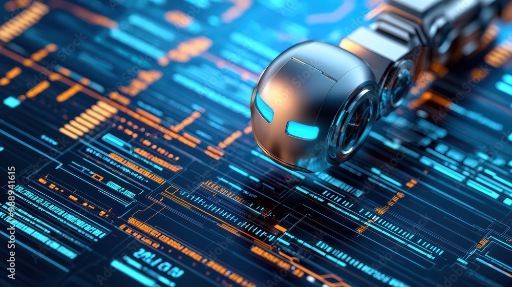 Poster futuristic robot on a digital circuit board, displaying advanced technology concepts.