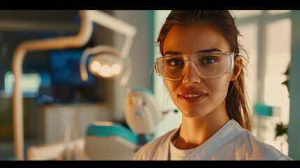 A beautiful young female doctor, dressed in a white coat, confidently stands with a welcoming smile, embodying professionalism and care in a clinical setting.