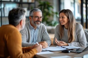 Obraz premium Happy couple talking to their financial advisor on meeting in office, Generative AI