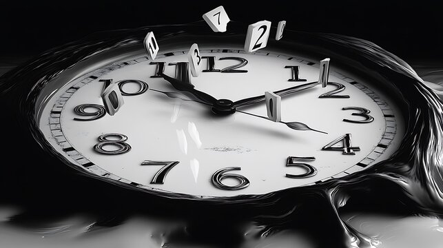 A black and white clock face bending and warping in a surreal style, with melting hands and numbers falling off the clock, symbolizing the passage of time, high contrast shading and smooth gradients.