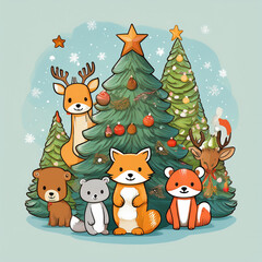 forest animals aroud the christmas tree, make it cartoon style