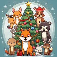 forest animals aroud the christmas tree, make it cartoon style