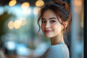 Obraz premium Portrait of young happy businesswoman in office looking away, Generative AI