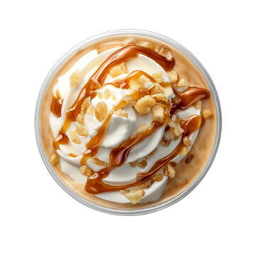 top view iced coffee with whipping cream and caramel sauce isolated in transparent on white background
