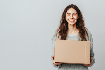 A photo of a smiling young woman with a cardboard box in her hands on a white background. The concept of moving, delivering or repairing.