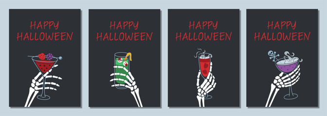 Halloween greeting cards set, skeleton hands holdingspooky cocktails vector illustrations. Happy halloween lettering, drinking glass with creepy garnish. Simple flat cartoon style. Banners or posters 