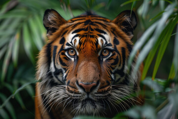 Fototapeta premium Tiger gazing directly forward, close up, green leaves of plants in jungle surround. Intense, confident gaze of mighty predator. Beauty of endangered animal species. Preserving wildlife conservation