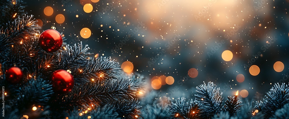 Poster close-up of a christmas tree branch adorned with red ornaments and twinkling lights against a bokeh 