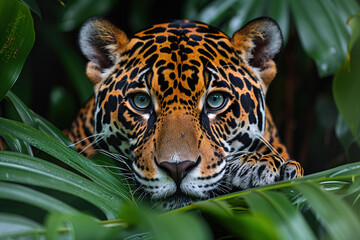 Obraz premium Leopard peering through leaves, close up portrait. Intense eyes and spotted fur visible. Endangered big cat in habitat. Wildlife conservation, protecting threatened species in natural ecosystems