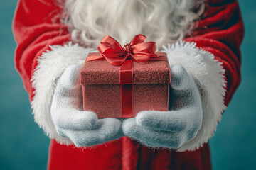 Santa gives a gift box of festive red color. Santa Claus is holding a gift box on a blue background.
