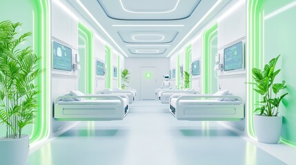 Modern hospital interior with green aesthetic, well-lit and spacious.