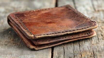 A well-worn leather wallet with stitched seams rests on a weathered wooden surface.