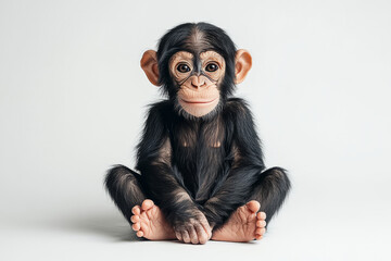 A photo of a young chimpanzee. The monkey is sitting on the floor and looking at the camera on an...