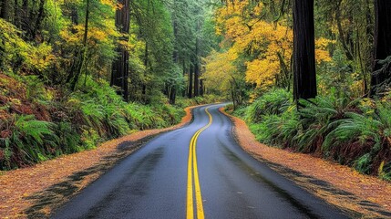 Fototapeta premium Scenic Road Through the Majestic Redwood National Forest Surrounded by Towering Trees