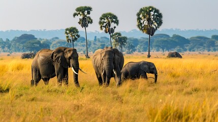 Obraz premium Elephants walking through the tall grass of the African savanna, with palm trees in the background.