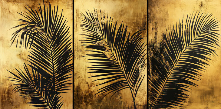 Printable set of 3 tropical palm leaves on grunge background