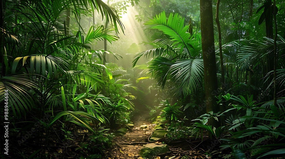 Poster sunlight streams through a dense jungle, illuminating the lush greenery and revealing a path leading