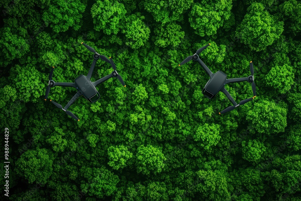 Wall mural two drones flying over a dense green forest from an aerial perspective.