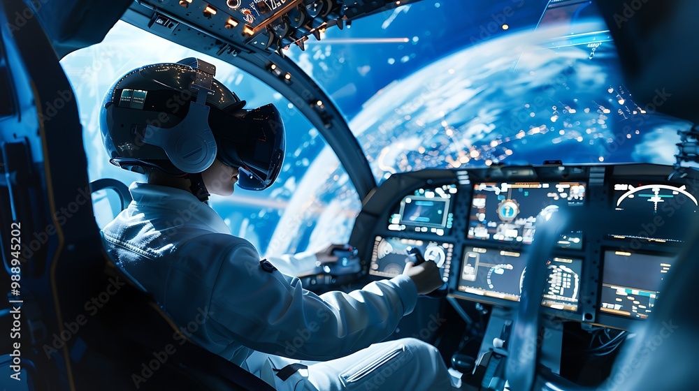 Poster astronaut in a white spacesuit and a vr headset is flying a spaceship, with a view of the earth in t