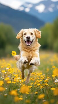 Golden retriever running through a field of wildflowers, motion blur capturing the joyful energy, bright and playful