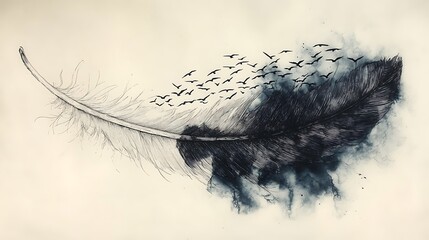Fototapeta premium A black and white feather that transforms into a flock of birds flying in unison, symbolizing unity and release, delicate line work on the feather and bold, high-contrast birds. --ar 16:9 --no logo